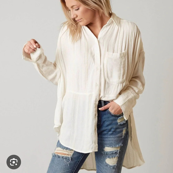 FREE PEOPLE- cozy nights button down top - in the color Harbor - NWT - Picture 1 of 8